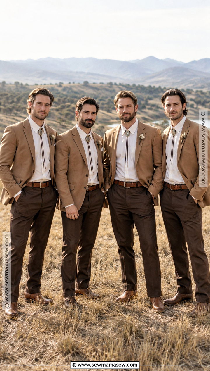 Camel Blazer With Brown Trousers And Bolo Tie - 15 fall boho groomsmen attire ideas
