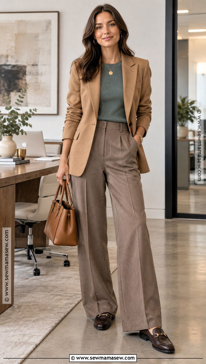 Camel Blazer With Muted Teal Top - 20 soft autumn color palette clothes