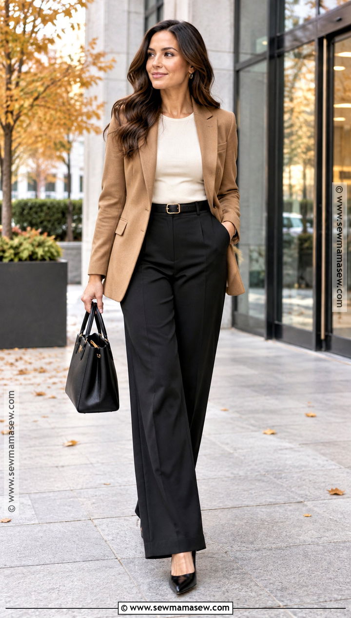 Camel Blazer With Wide Leg Trousers - 15 fall formal work outfits