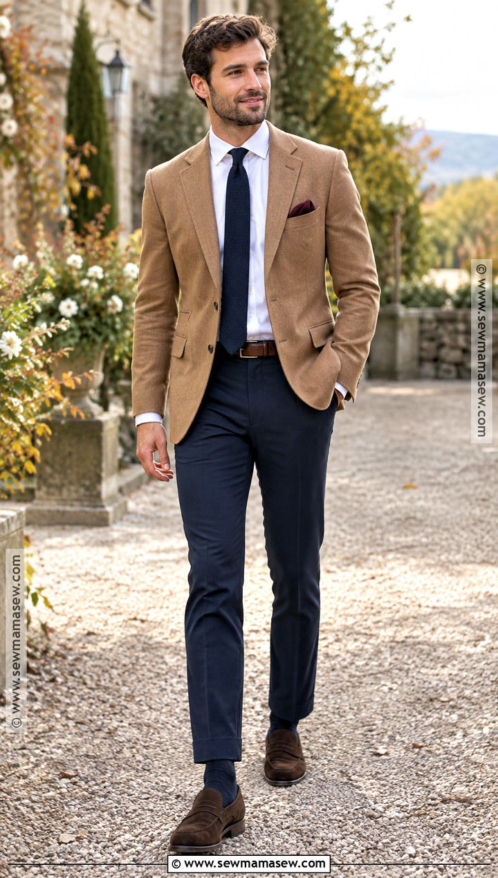 Camel Blazer and Navy Trousers Fall Wedding Guest Outfit - 15 fall wedding attire for men guest ideas