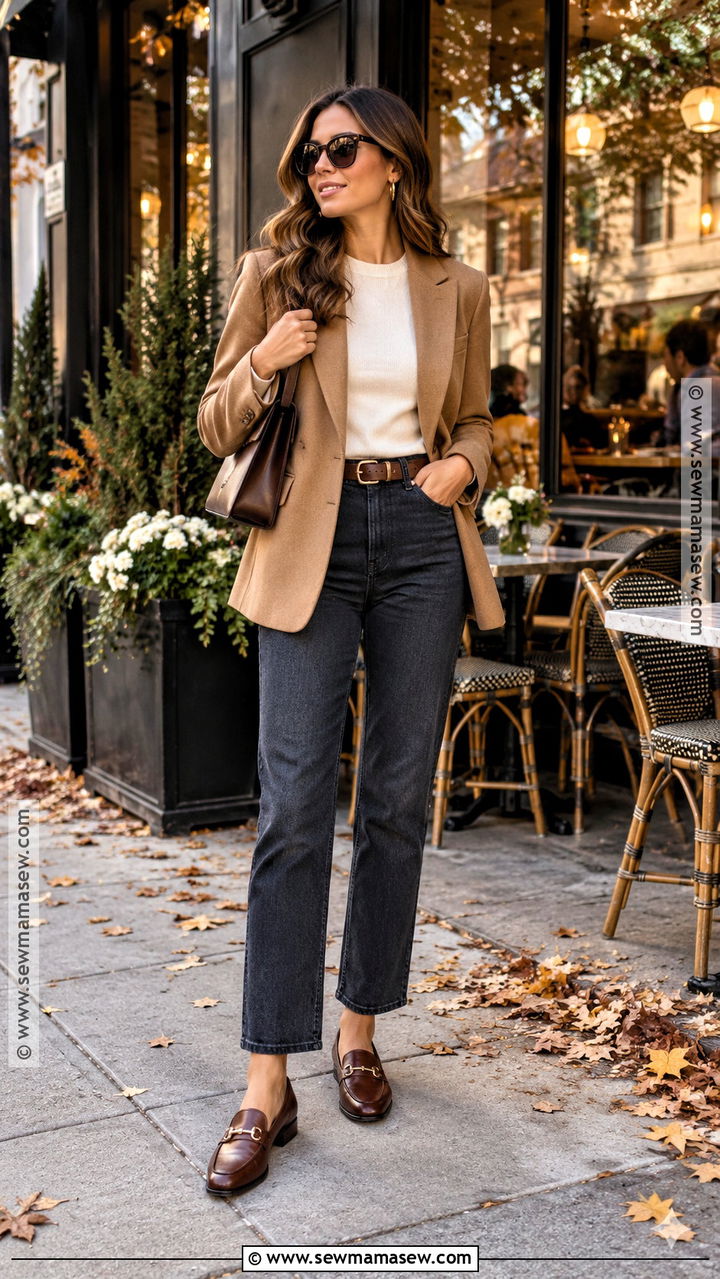 Camel Blazer and Straight Leg Jeans Fall Brunch Outfit - 20 brunch outfit ideas fall classy chic