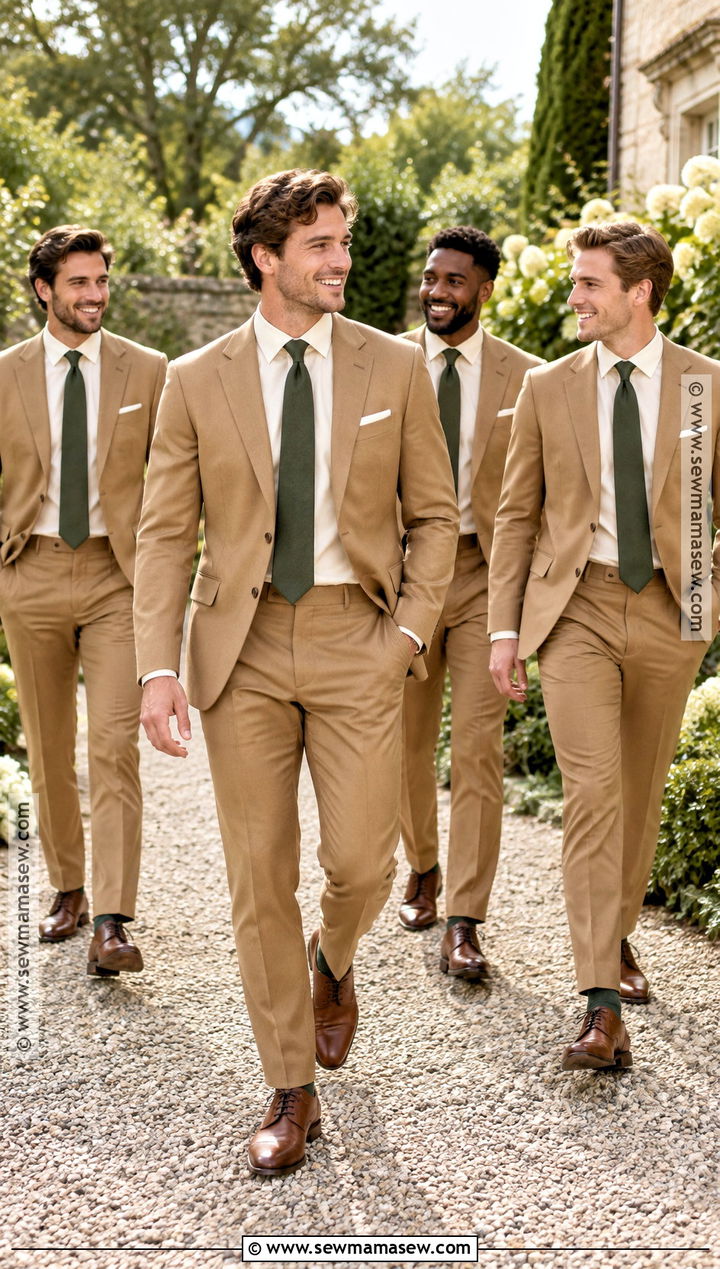 Camel Brown Groomsmen Suit With Forest Green Tie - 15 fall groomsmen attire brown ideas