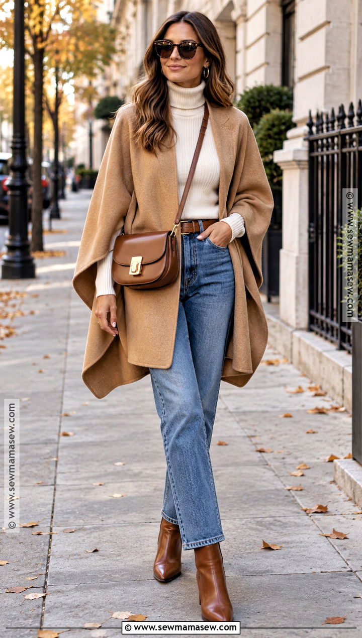 Camel Cape With Straight Jeans And Ankle Boots - 15 fall cape ideas