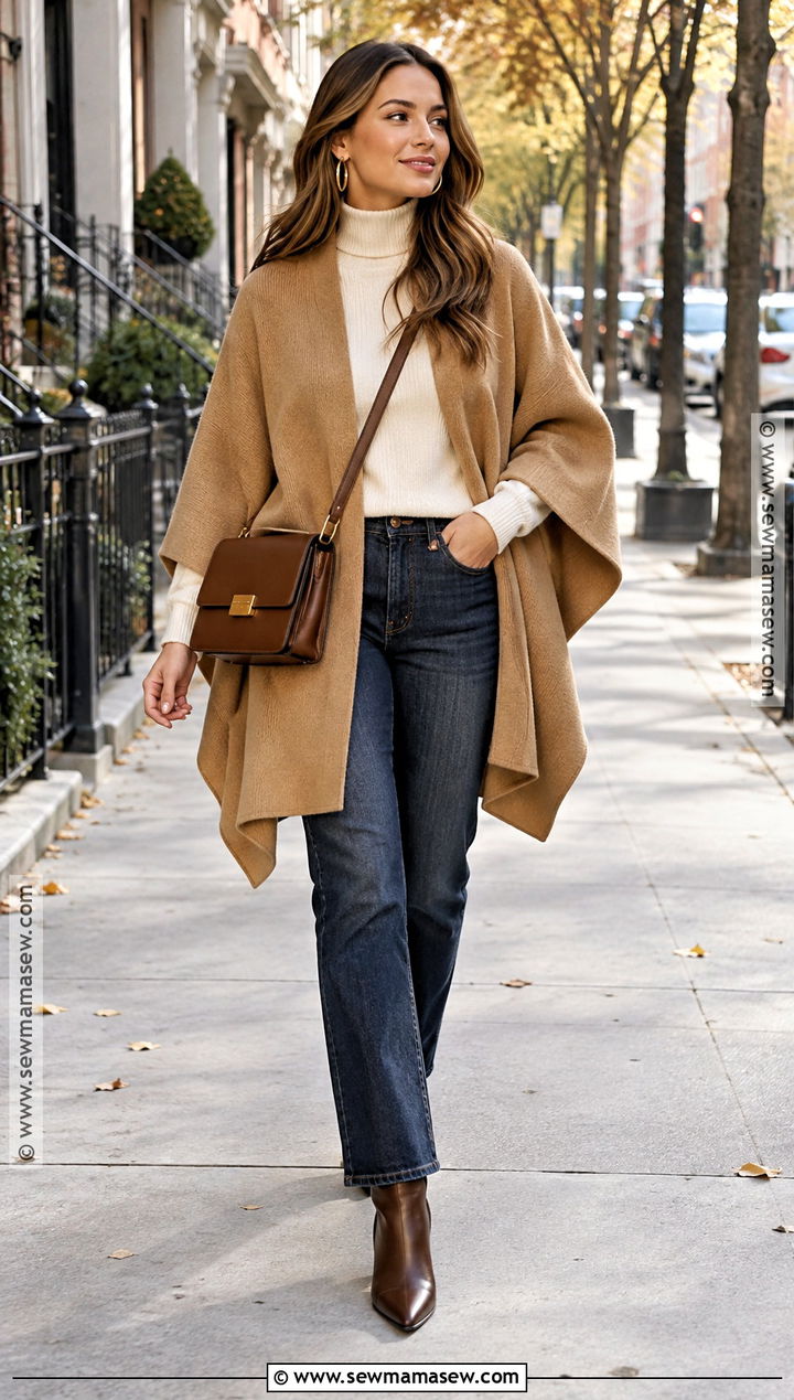 Camel Cape With Straight Leg Jeans And Ankle Boots - 15 Fall Capes Ideas