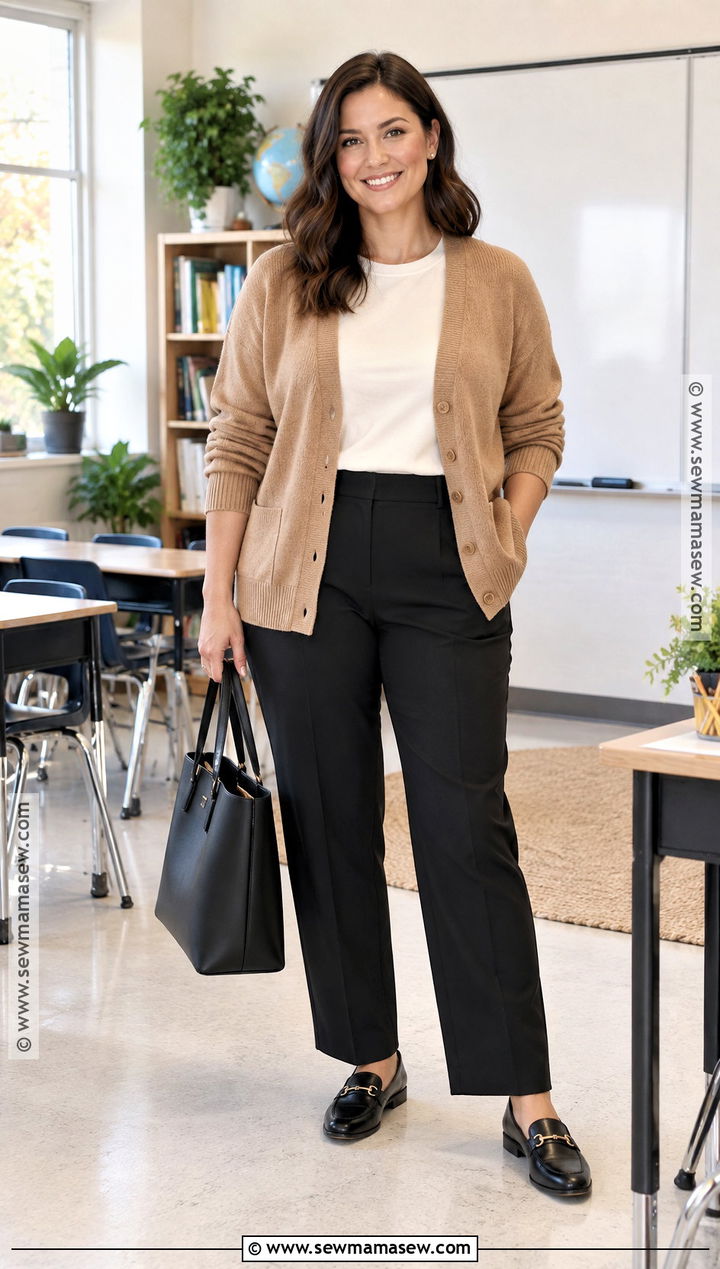 Camel Cardigan And Black Trousers Teacher Outfit - 20 fall outfits women for teachers