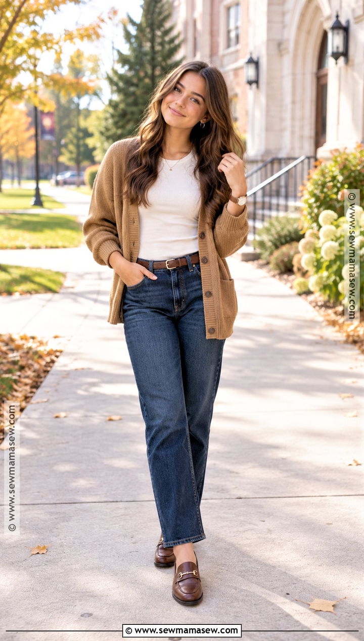Camel Cardigan And Dark Wash Jeans Fall Senior Picture Outfit - 15 fall outfits for senior pictures photo shoot