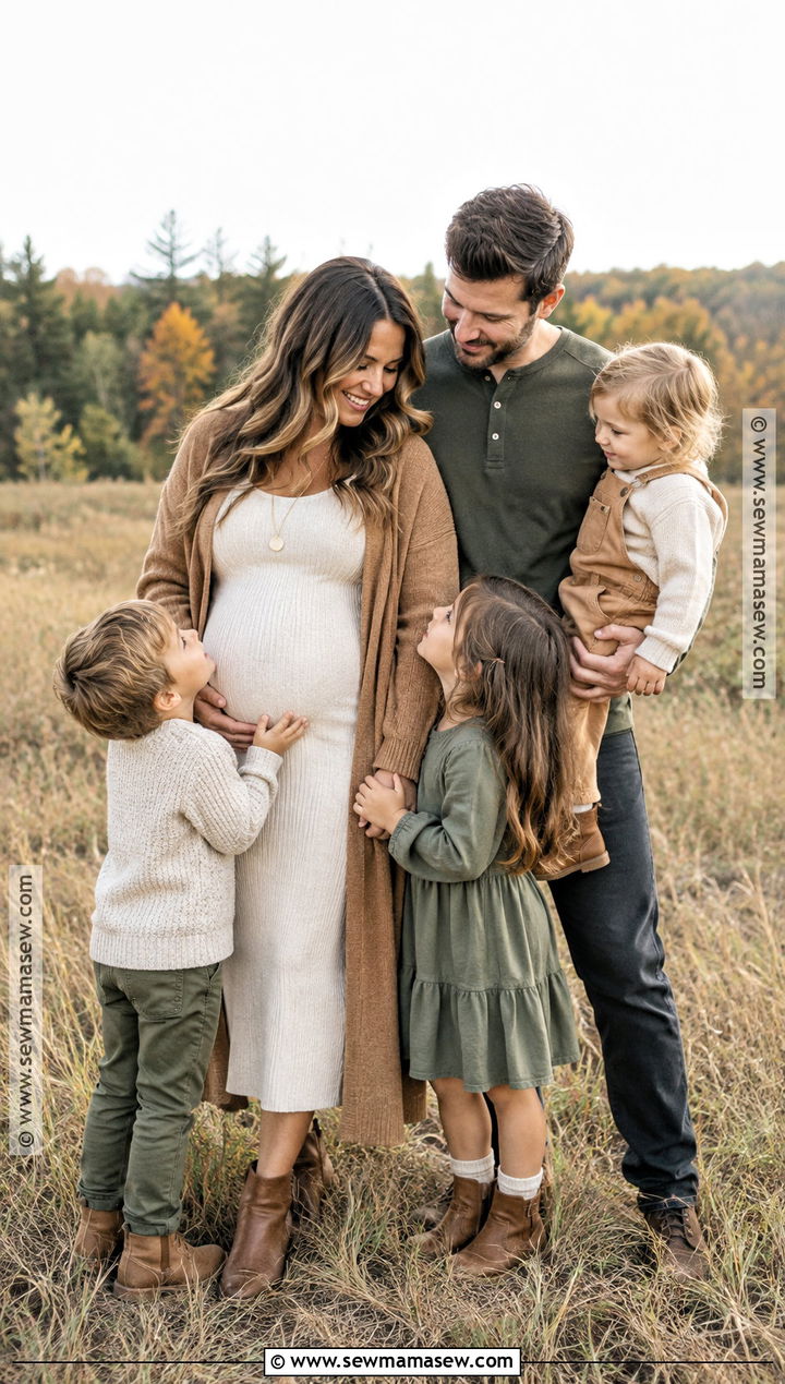 Camel Cardigan And Maternity Dress Family Photo Outfit - 15 fall maternity family photos outfits