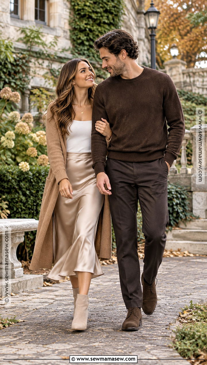 Camel Cardigan And Satin Skirt Fall Engagement Outfit - 15 fall engagement pictures outfit casual ideas