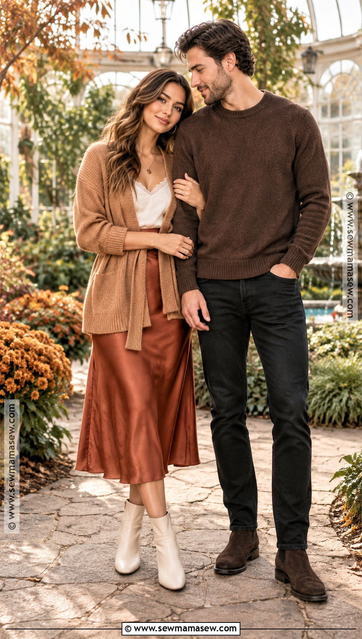 Camel Cardigan With Satin Midi Skirt - 15 boho engagement photos outfits fall