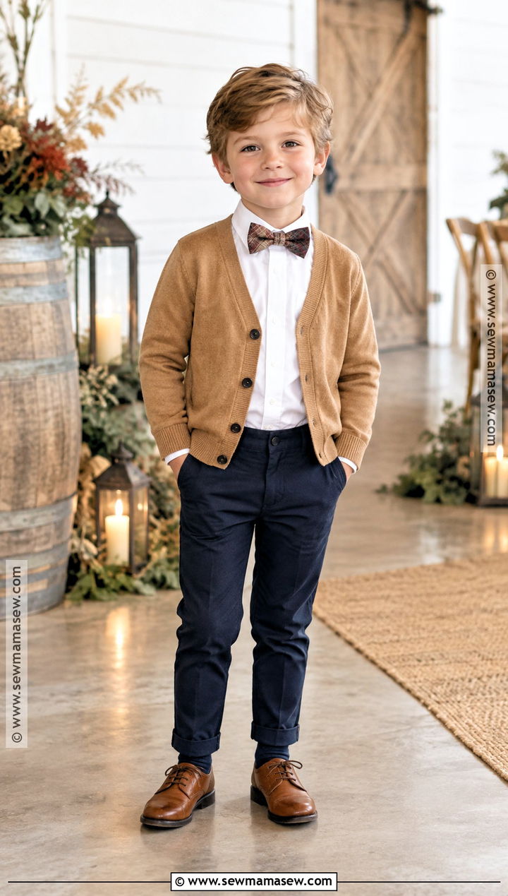 Camel Cardigan With White Shirt And Navy Pants - 15 ring bearer outfit fall wedding ideas