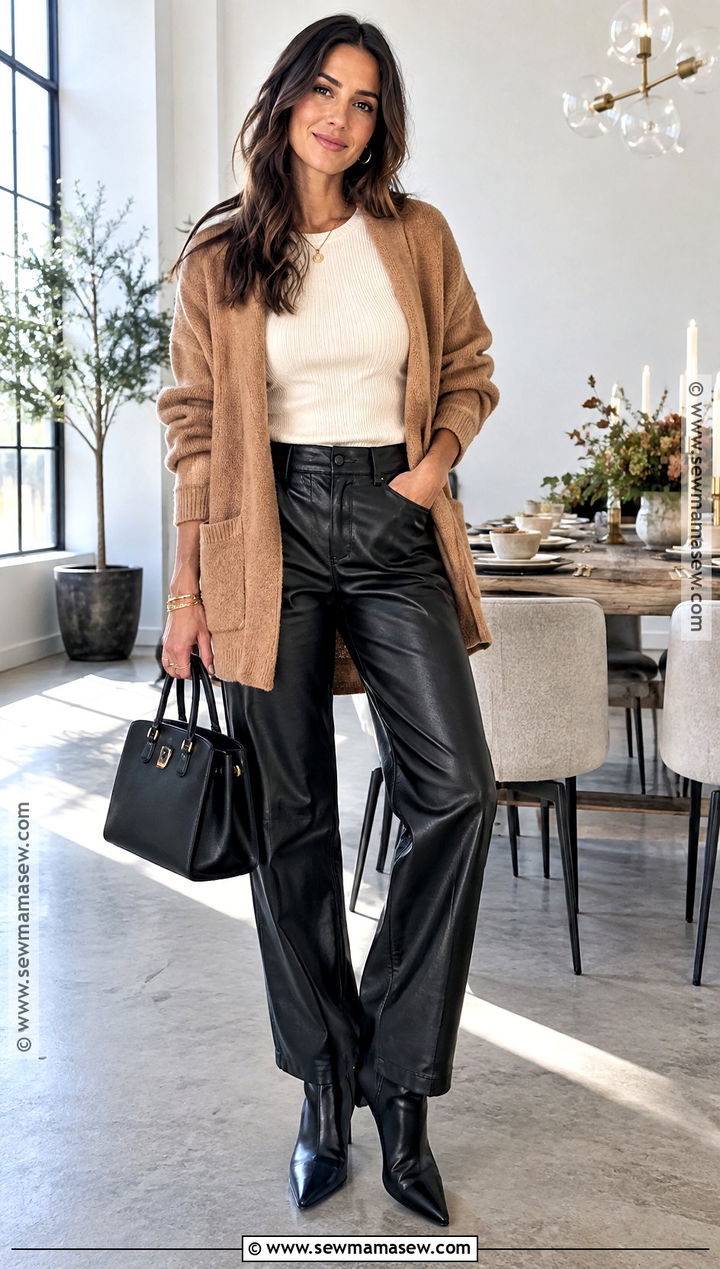 Camel Cardigan and Leather Pants Thanksgiving Outfit - 25 cute thanksgiving outfits