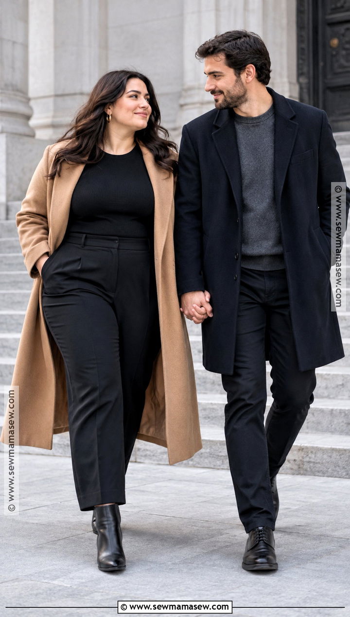 Camel Coat And All Black Engagement Photo Outfit - 20 plus size engagement photos outfits fall