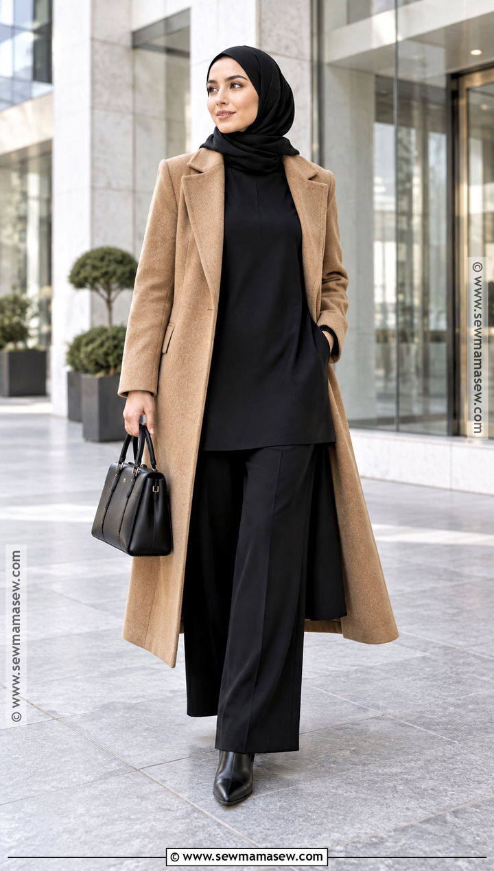 Camel Coat And All Black Hijab Outfit - 20 fall outfits women hijab