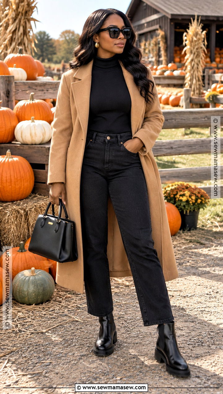Camel Coat And All Black Pumpkin Patch Outfit - 25 pumpkin patch outfit ideas for black women