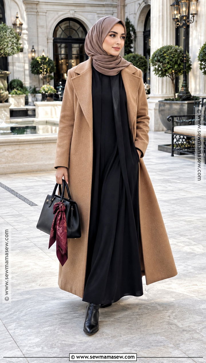 Camel Coat And Black Abaya Hijabi Fall Outfit - 20 hijabi fall fits