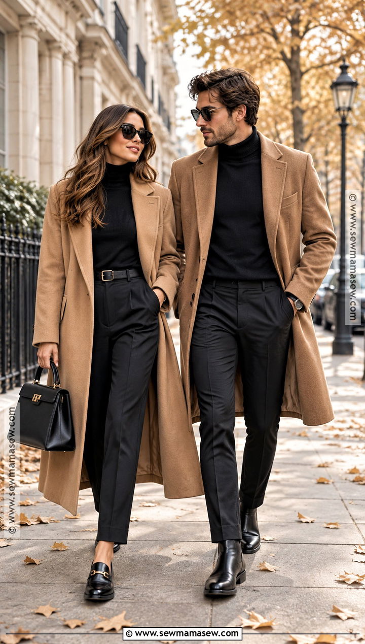 Camel Coat And Black Basics Autumn Couple Outfit - 20 autumn couple outfit ideas