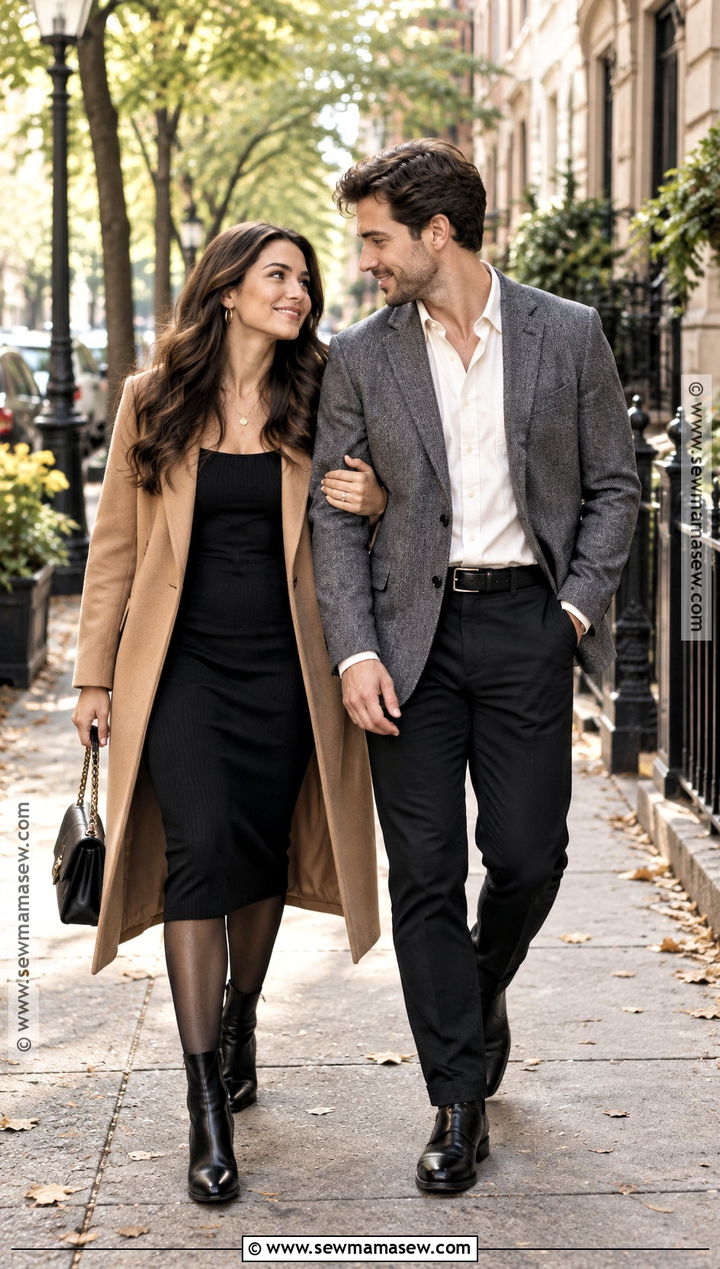 Camel Coat And Black Dress Engagement Picture Outfit - 20 september engagement pictures outfits