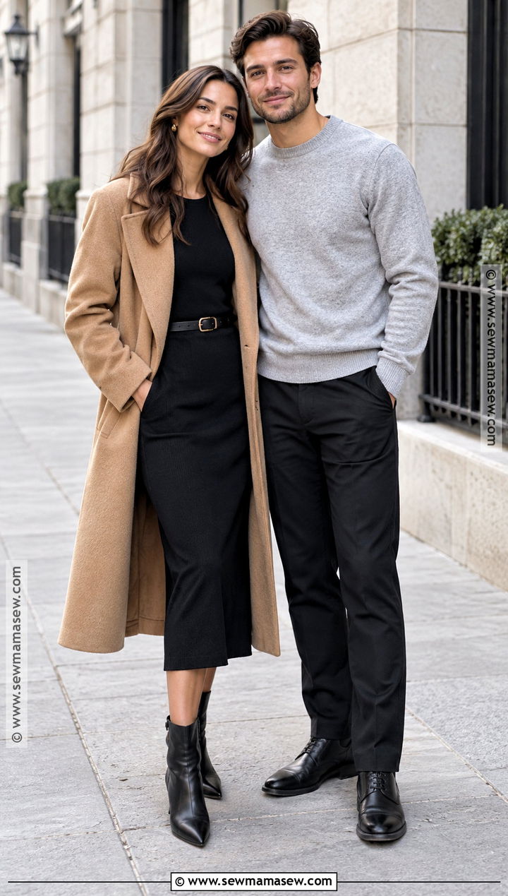 Camel Coat And Black Dress Engagement Shoot Outfit - 15 engagement shoot fall outfits