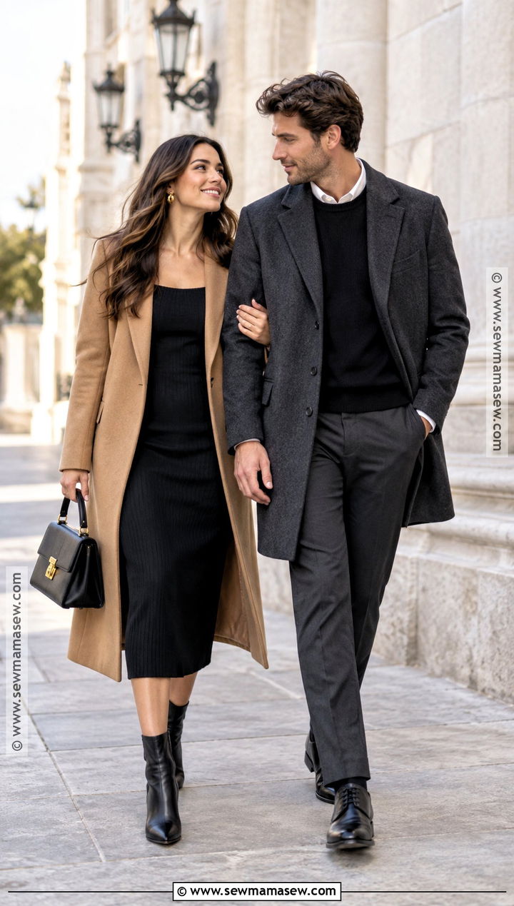Camel Coat And Black Dress Fall Engagement Outfit - 25 fall engagement pictures outfit ideas