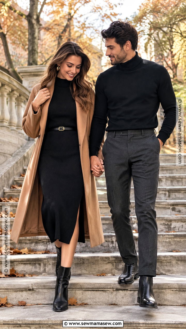 Camel Coat And Black Dress Fall Engagement Photo Outfit - 25 fall engagement photos outfits