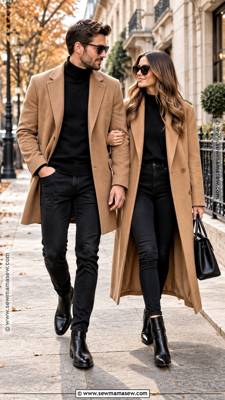 Camel Coat And Black Jeans Couple Outfit - 20 Fall Outfit Ideas for Couples