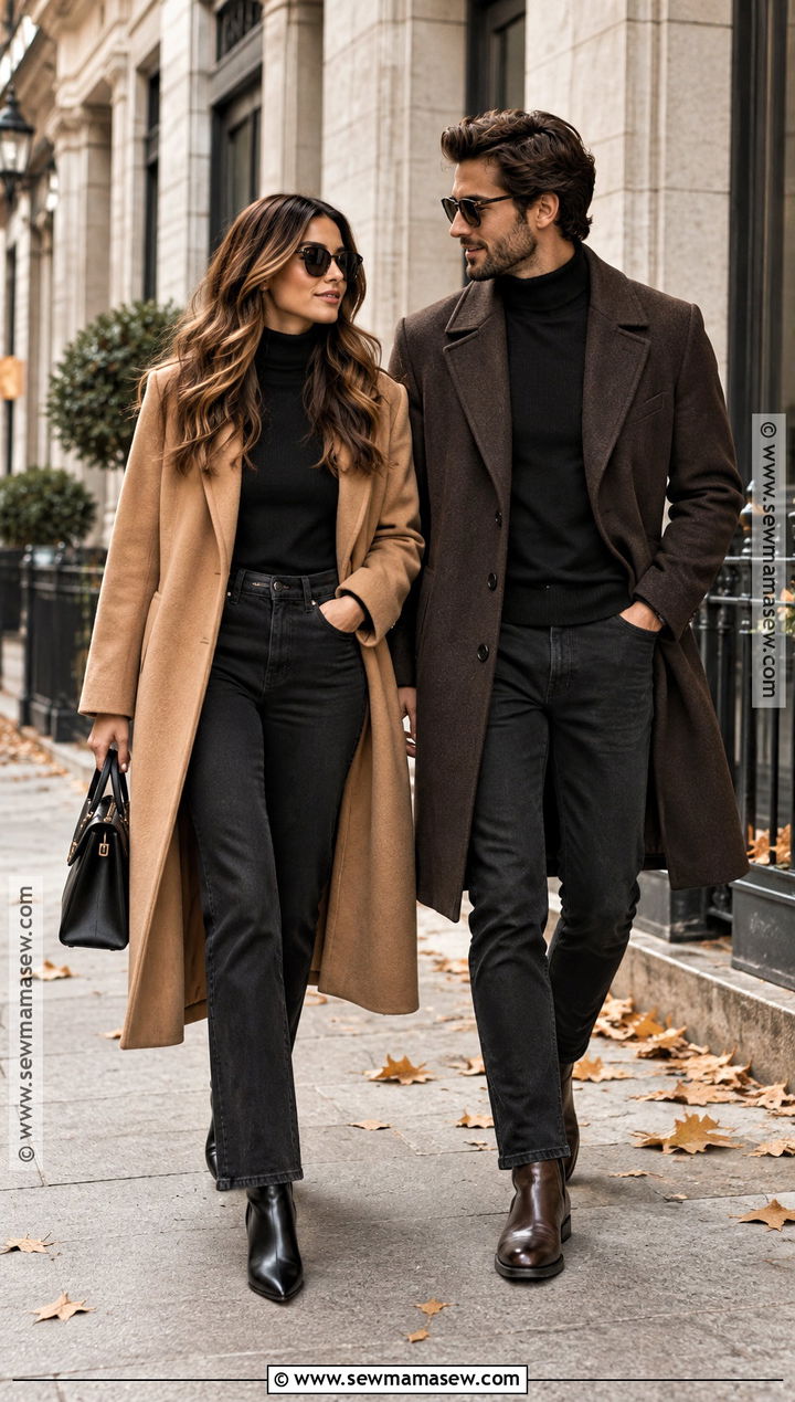 Camel Coat And Black Jeans Couples Fall Photoshoot Outfit - 25 couples fall photoshoot outfits