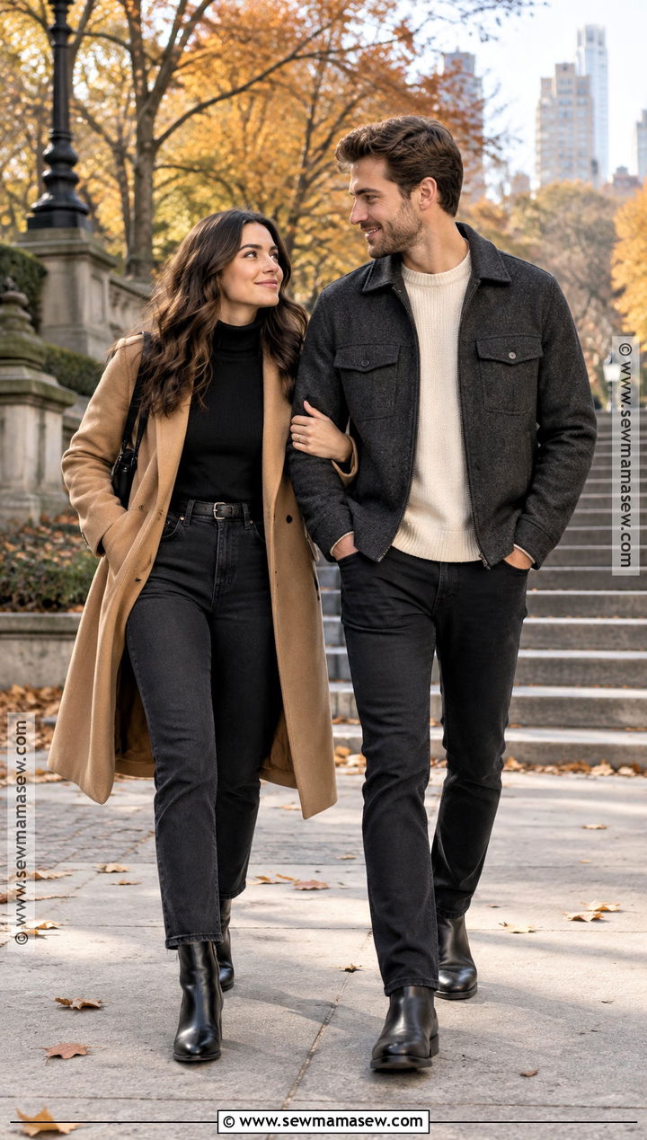 Camel Coat And Black Jeans Fall Couple Outfit - 20 fall couple photoshoot outfits photo ideas outdoor