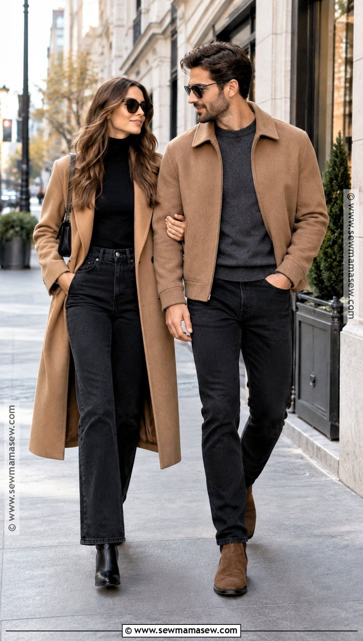 Camel Coat And Black Jeans Fall Couples Photo Outfit - 20 Fall Outfits Couples Photo Ideas