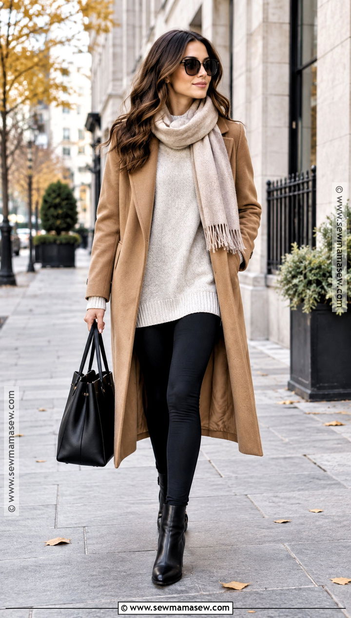 Camel Coat And Black Leggings Fall Outfit - 15 Cozy Neutral Fall Outfits