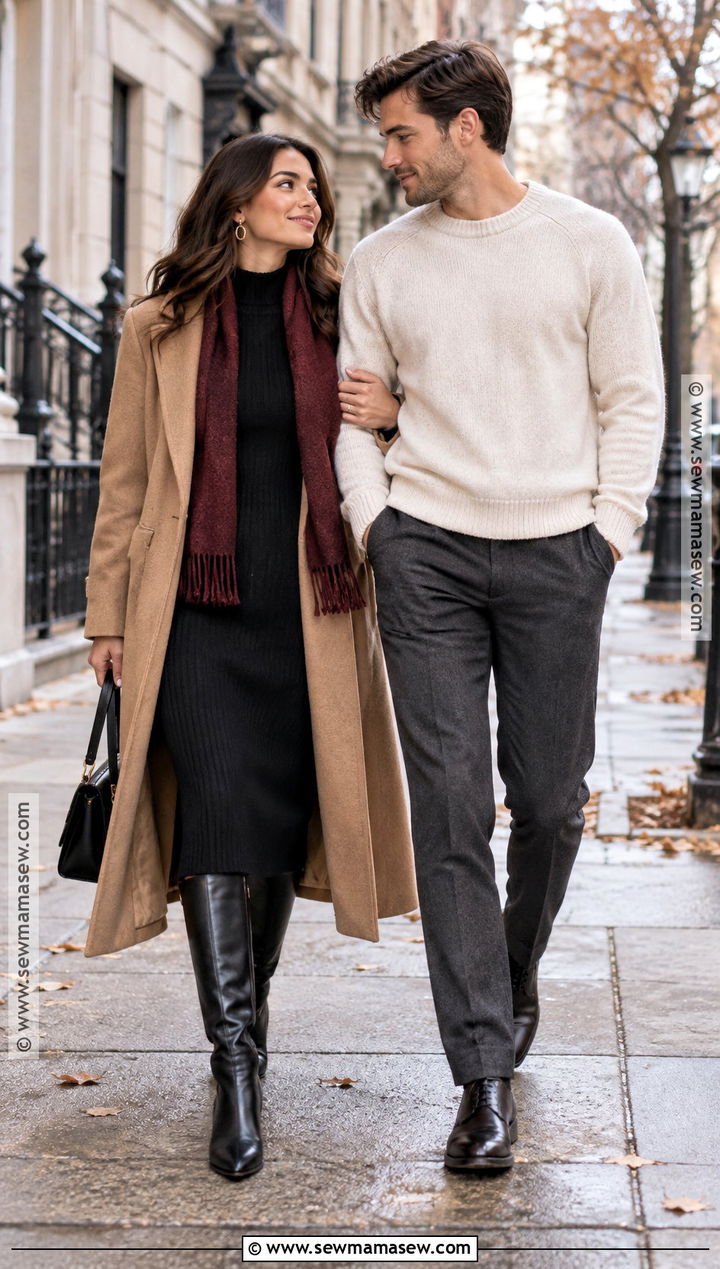 Camel Coat And Black Midi Dress Engagement Outfit - 15 engagement photoshoot fall outfits