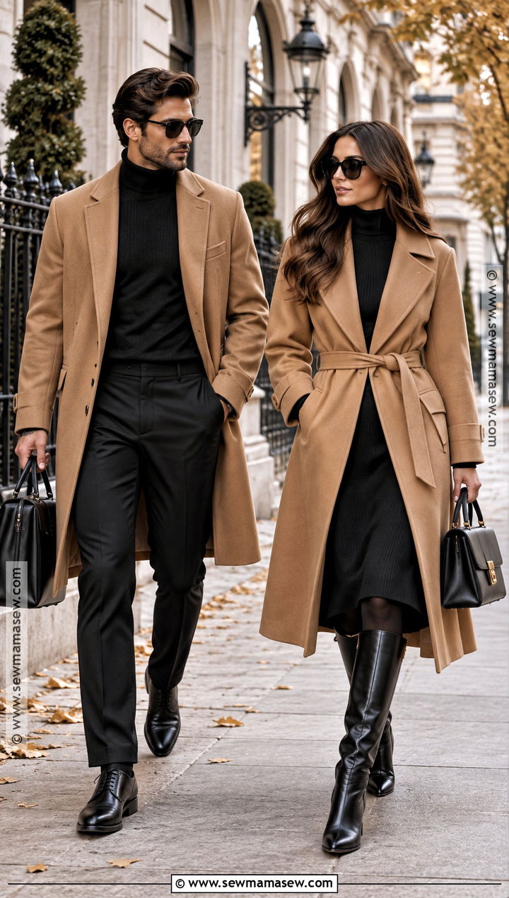Camel Coat And Black Outfit For Couples - 20 fall matching outfits for couples