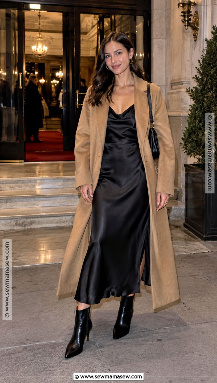 Camel Coat And Black Slip Dress Fall Outfit - 25 fall dressy outfits