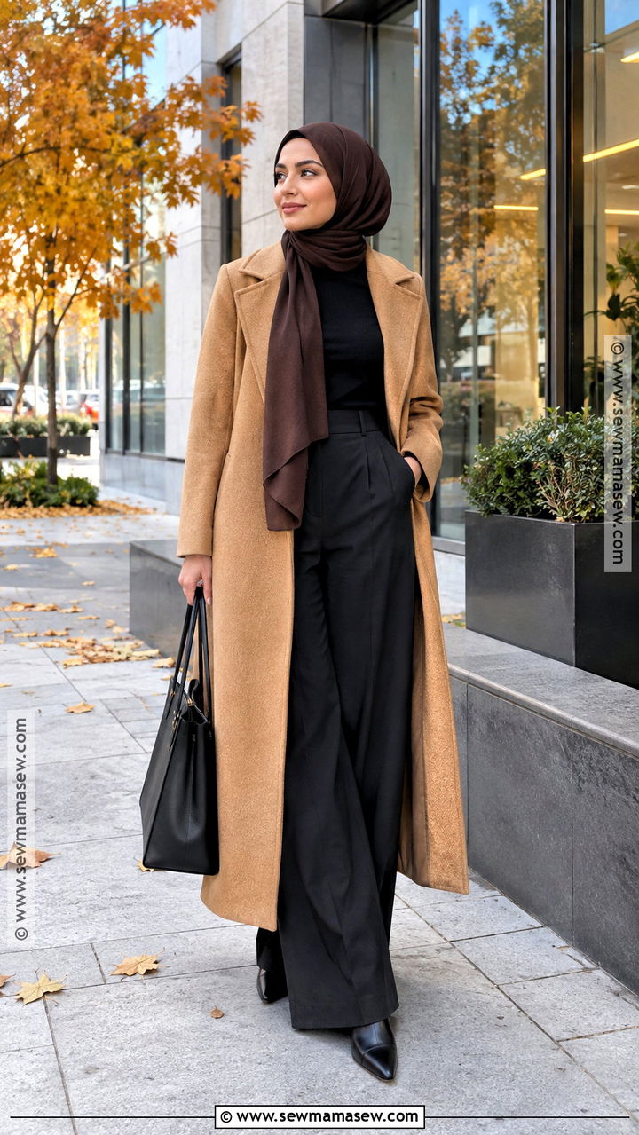 Camel Coat And Black Trousers Hijab Outfit - 20 Hijab Fashion Autumn Ideas