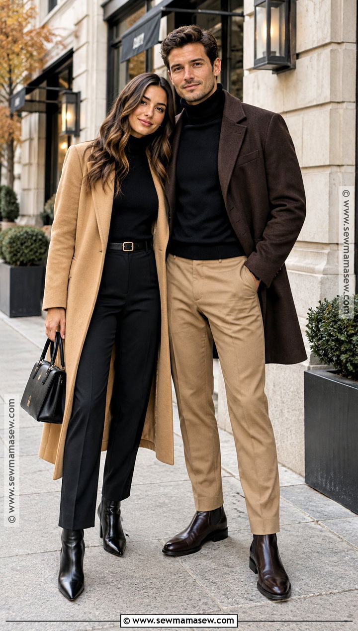Camel Coat And Black Turtleneck Fall Couples Photoshoot Outfit - 20 Fall Couples Photoshoot Outfits Neutral