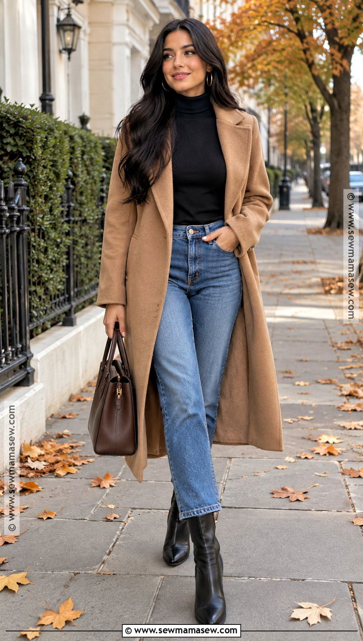 Camel Coat And Black Turtleneck Outfit - 15 black hair fall outfit ideas