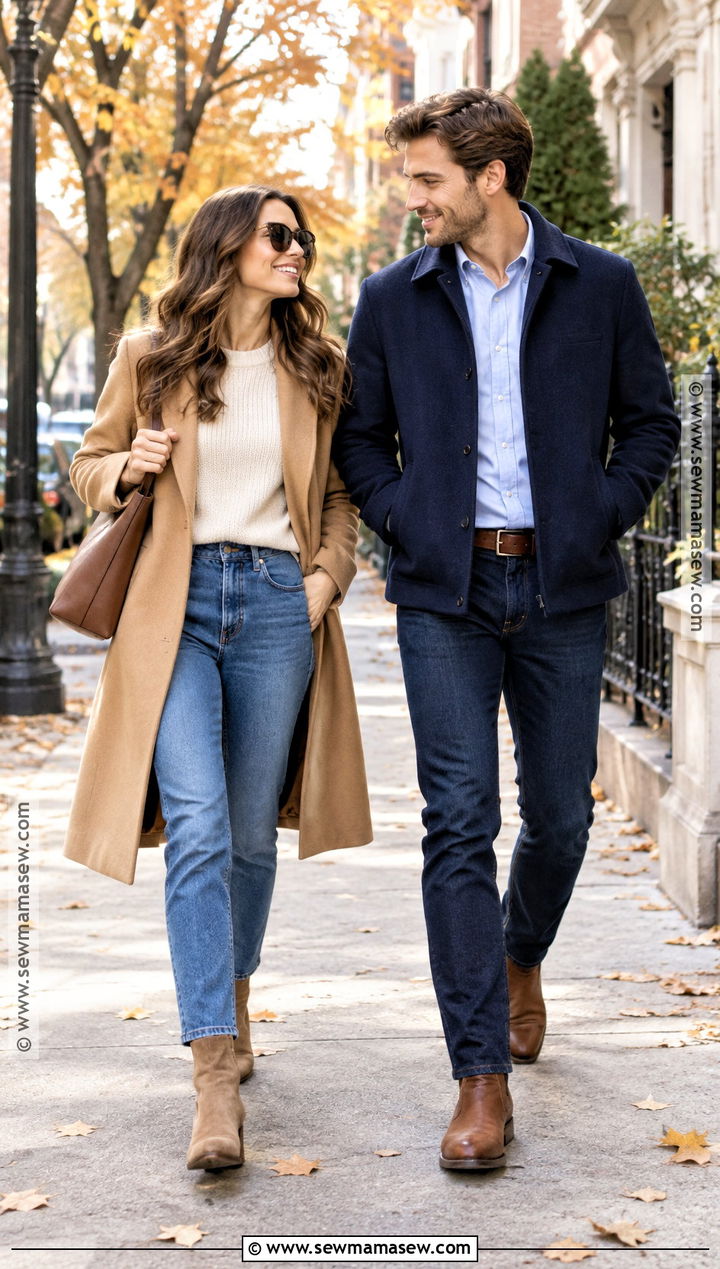 Camel Coat And Blue Jeans Fall Couple Outfit - 25 fall photo shoot outfits for couples