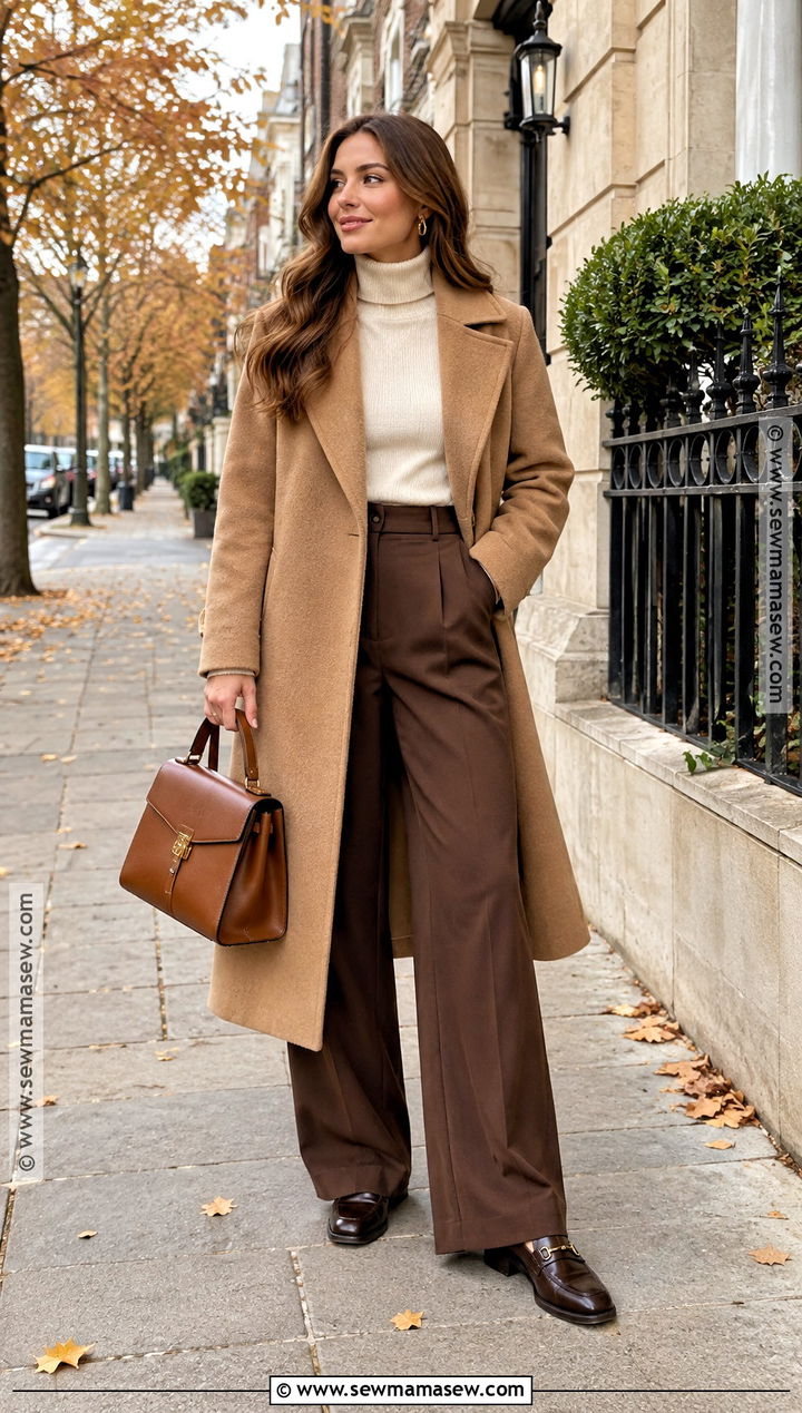 Camel Coat And Brown Trousers Autumn Outfit - 15 earthy outfits autumn
