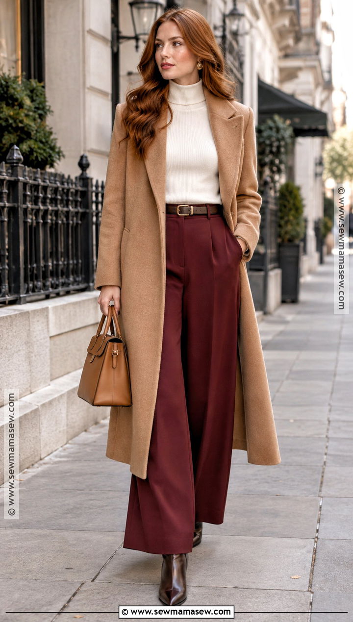 Camel Coat And Burgundy Trousers Fall Outfit - 15 fall outfits for redheads
