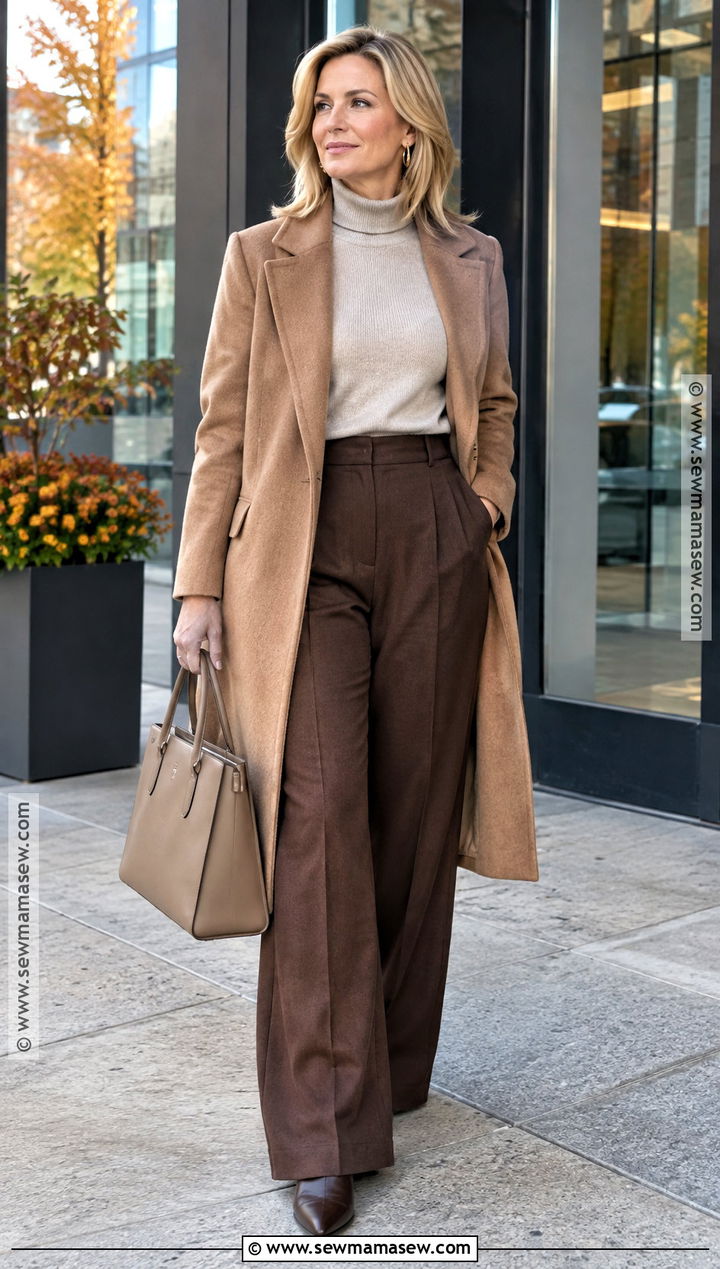 Camel Coat And Chocolate Trousers Outfit - 25 earthy fall outfits