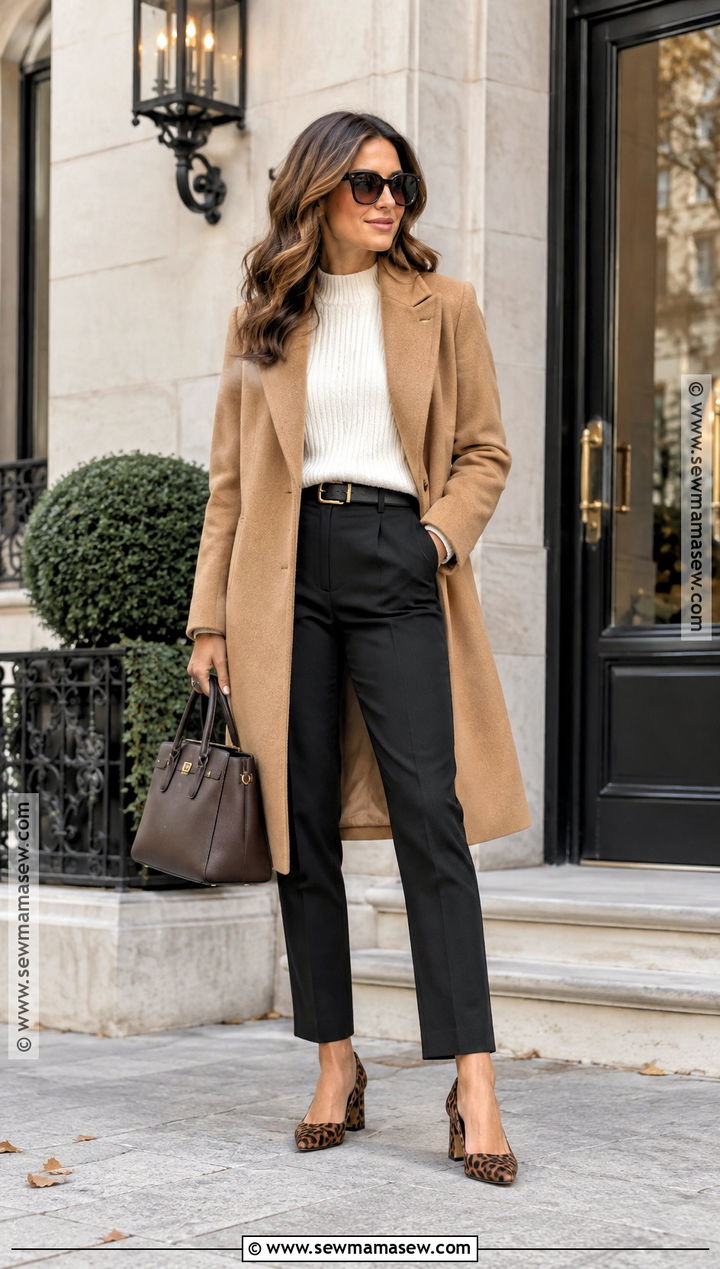 Camel Coat And Cream Knit With Leopard Pumps - 15 Leopard Shoes Outfit Fall