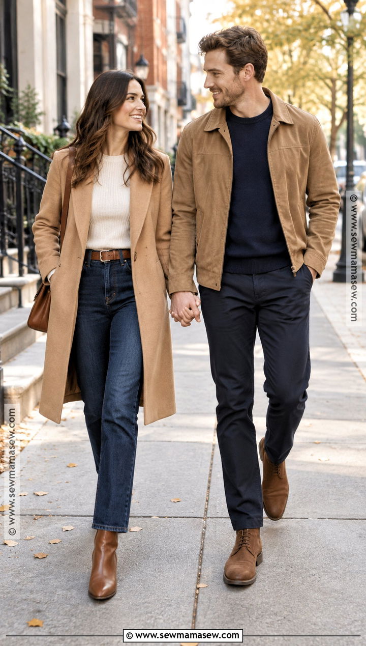 Camel Coat And Dark Jeans Fall Engagement Photo Outfit - 15 engagement photo fall outfit ideas