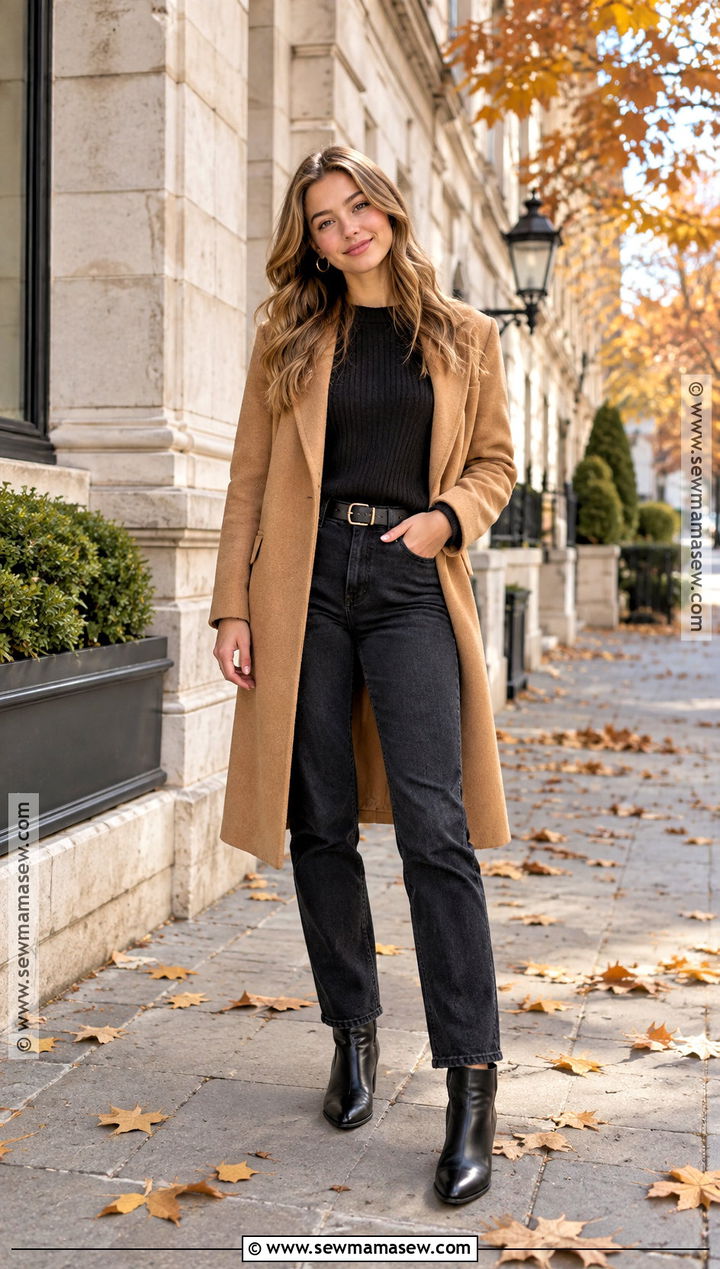 Camel Coat And Dark Jeans Fall Senior Pictures Outfit - 25 fall senior pictures outfits