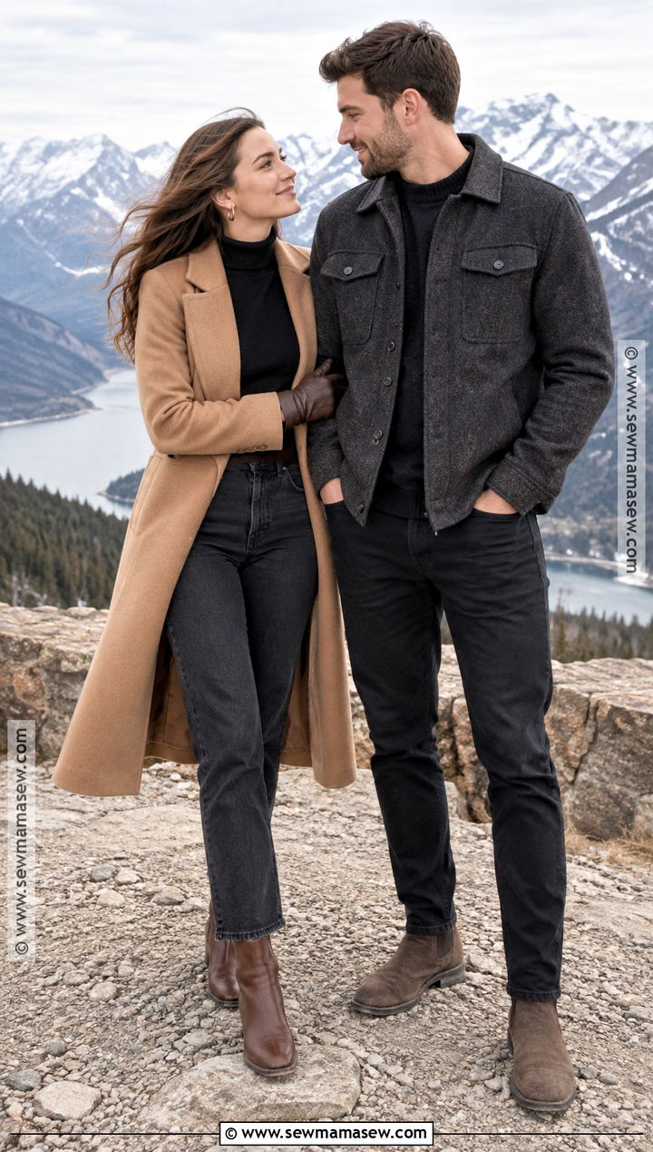 Camel Coat And Dark Jeans Mountain Engagement Outfit - 15 Fall Mountain Engagement Photos Outfit Ideas