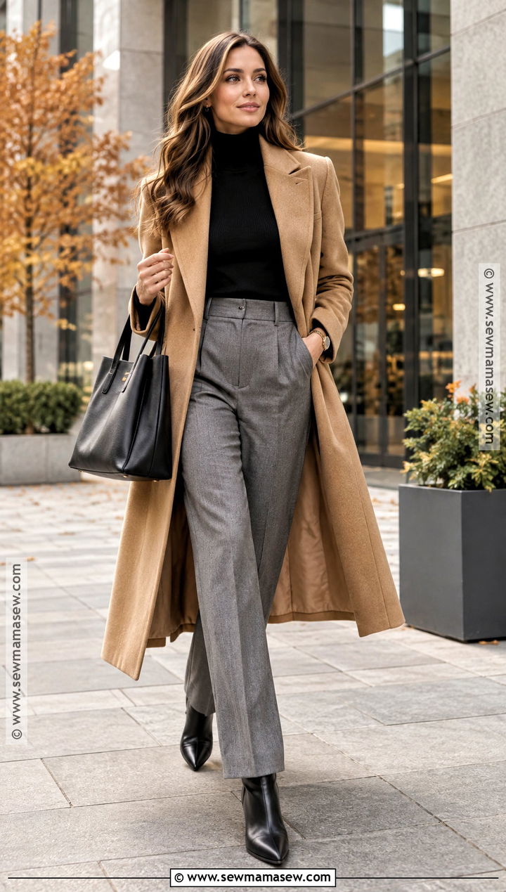 Camel Coat And Gray Trousers Office Outfit - 15 Office Outfit Fall Ideas 2026