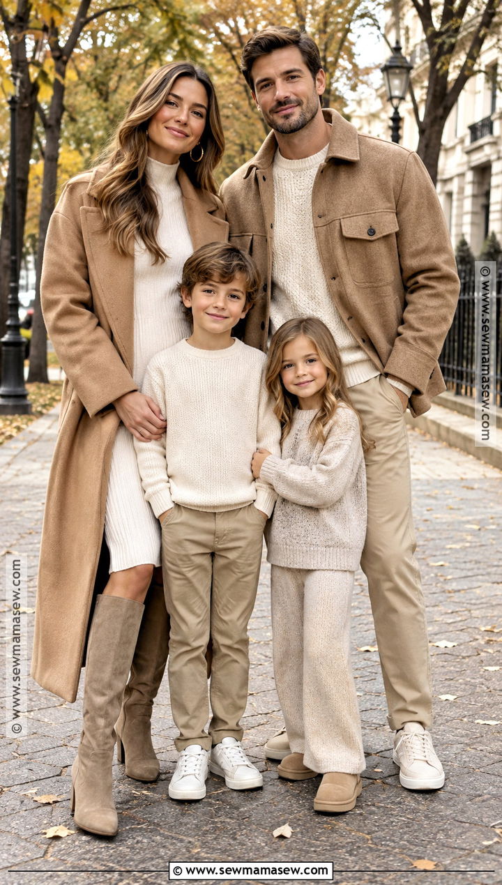 Camel Coat And Ivory Family Picture Outfit - 15 Neutral Fall Outfits For Family Pictures