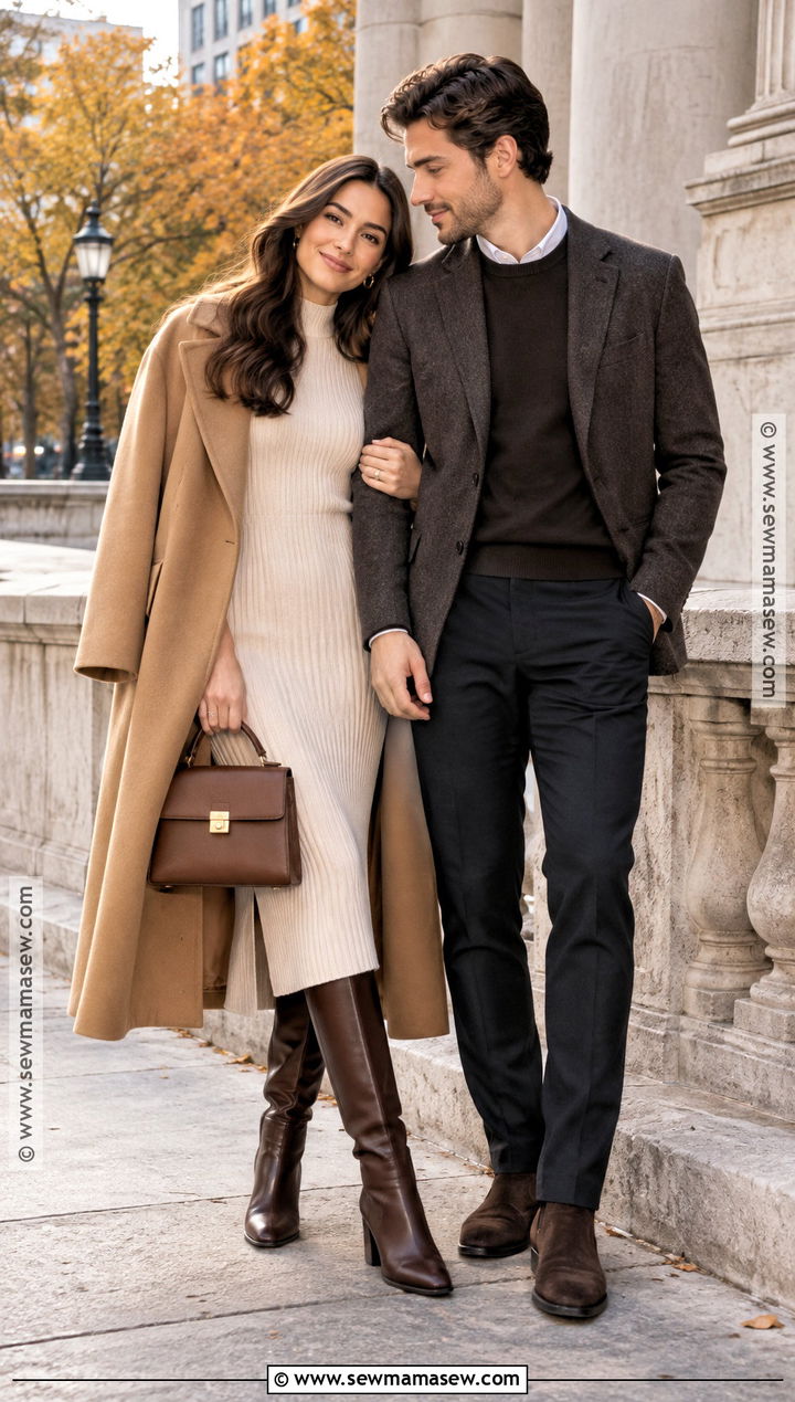 Camel Coat And Knit Dress City Engagement Outfit - 15 fall city engagement pictures outfit ideas