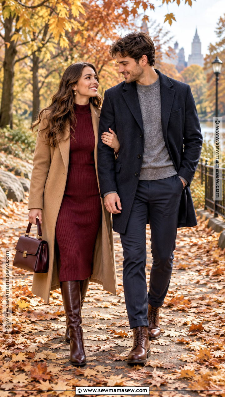 Camel Coat And Knit Dress Engagement Outfit - 15 engagement photoshoot outfit fall ideas