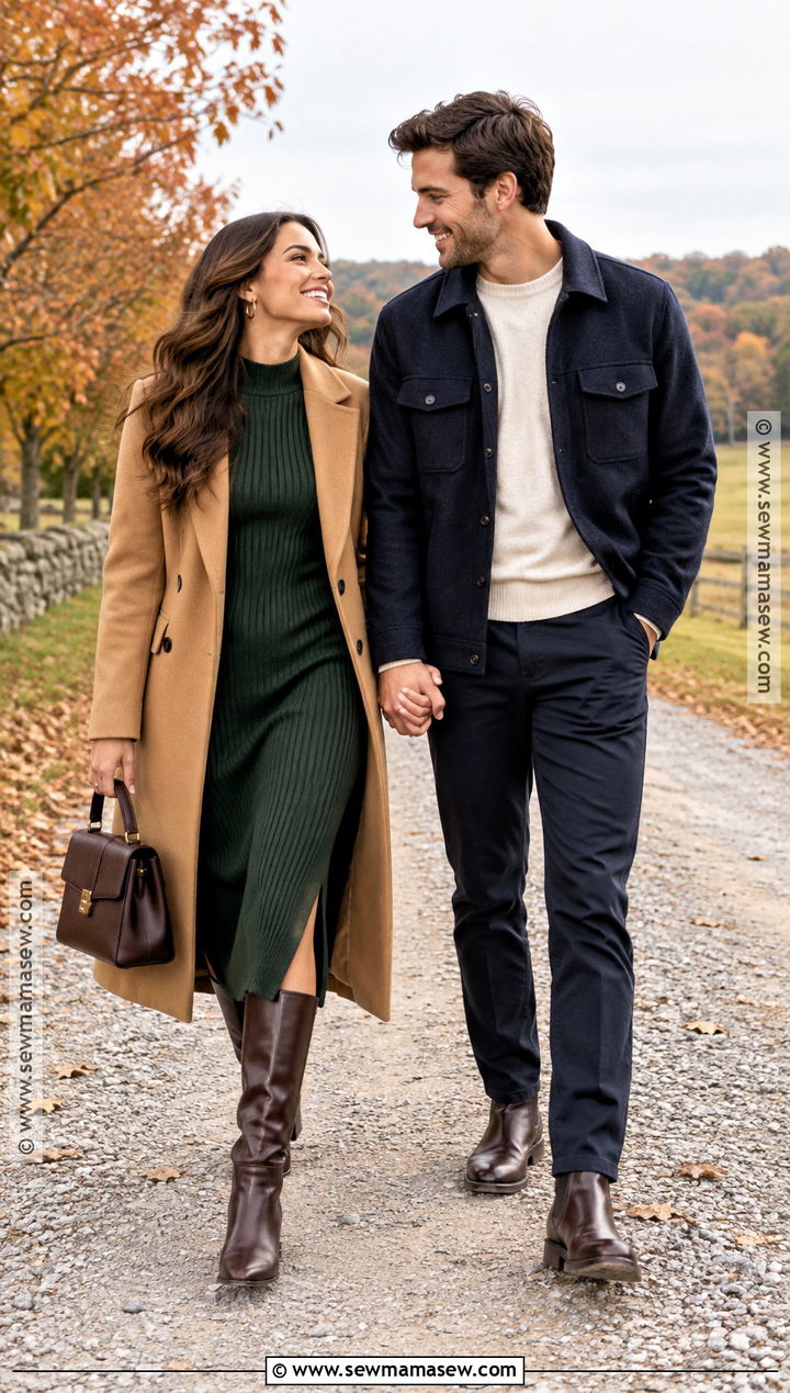 Camel Coat And Knit Dress Engagement Outfit - 15 engagement photos outfits fall country