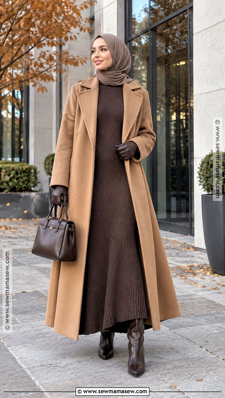 Camel Coat And Knit Dress Hijabi Outfit - 20 Fall Hijabi Outfits Aesthetic