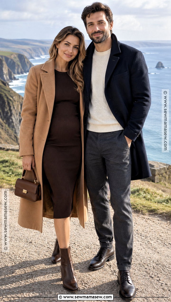 Camel Coat And Midi Dress Beach Engagement Outfit - 15 fall beach engagement photos outfit ideas